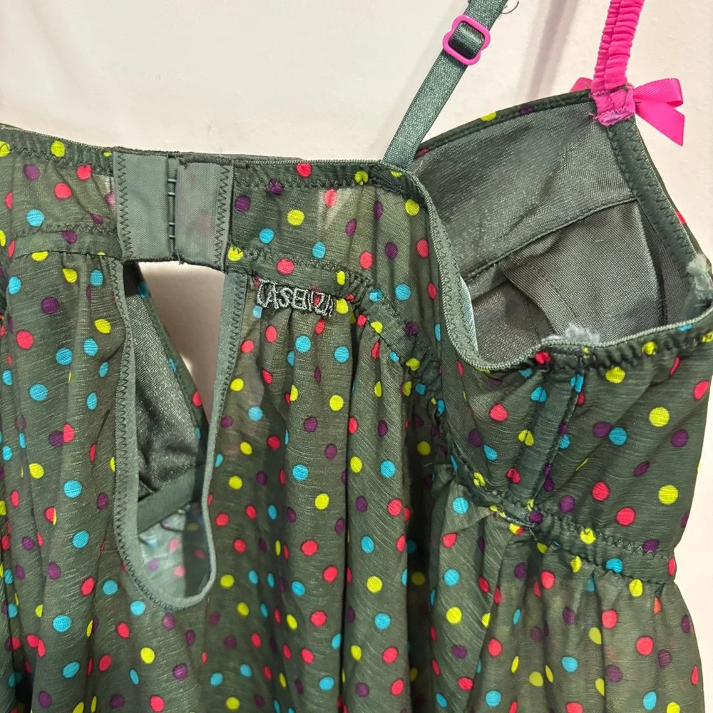 La SENZA sz M Green & Multicolour Polka Dot Chemise with Pink Straps & Bow - Picture 3 of 9